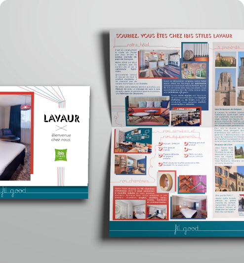 Conception graphique et mise en page de la plaquette commerciale de l'hôtel Ibis de Lavaut dans le Tarn (81)