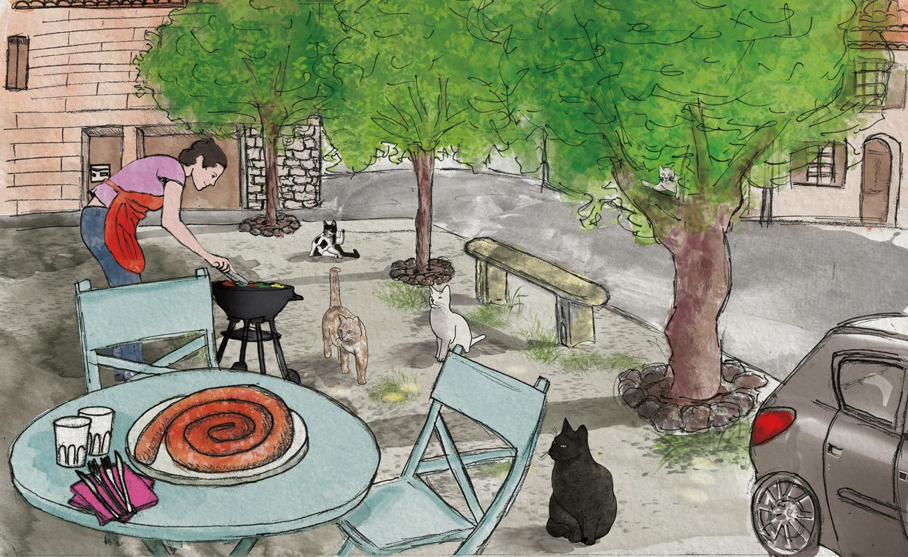 Illustration livre d'enfant chat noir - scène des saucisses