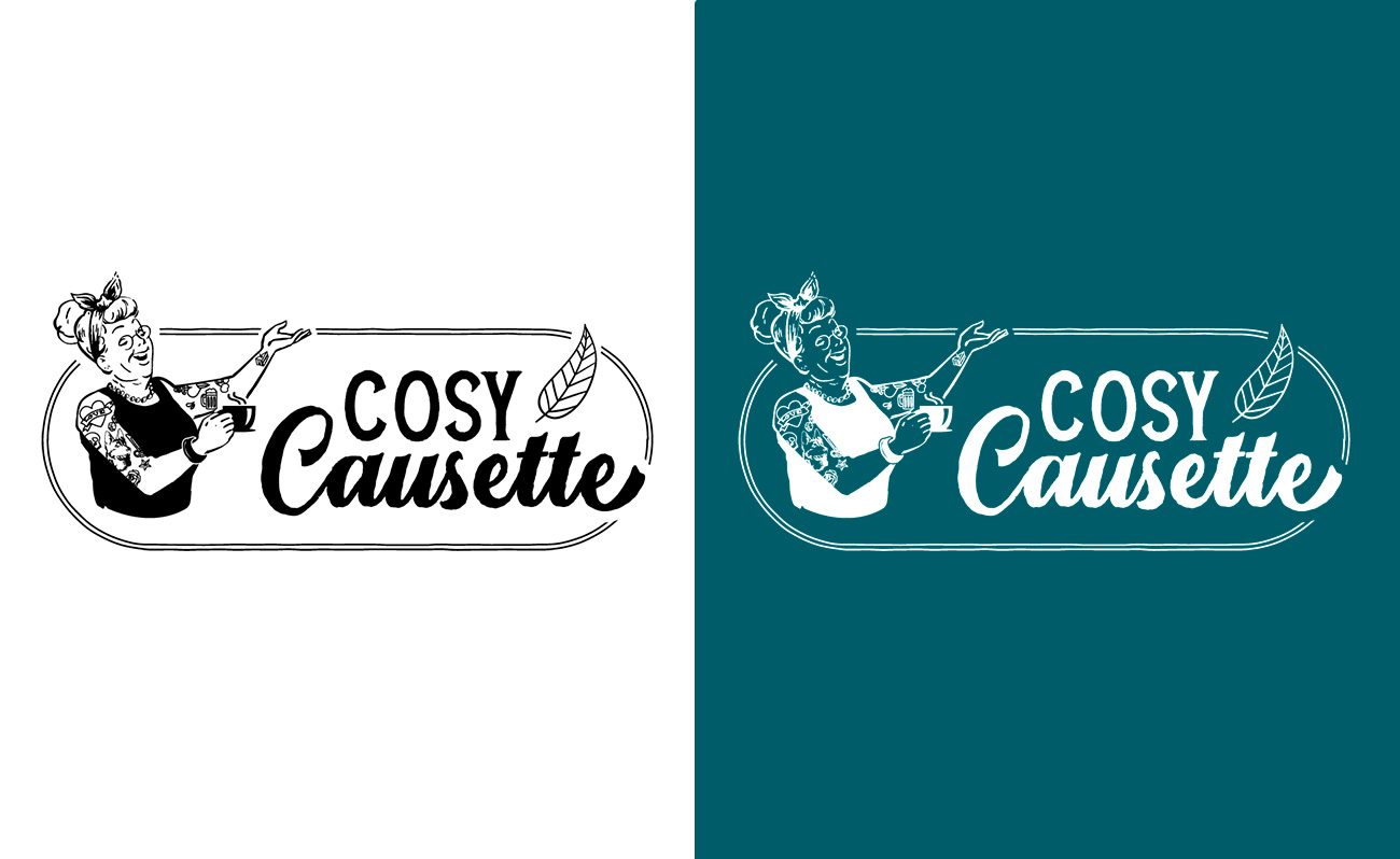 Version longue du logo Cosy Causette en noir et en blanc